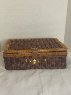 Woven Rattan Storage Basket with Leather Strap - Brown